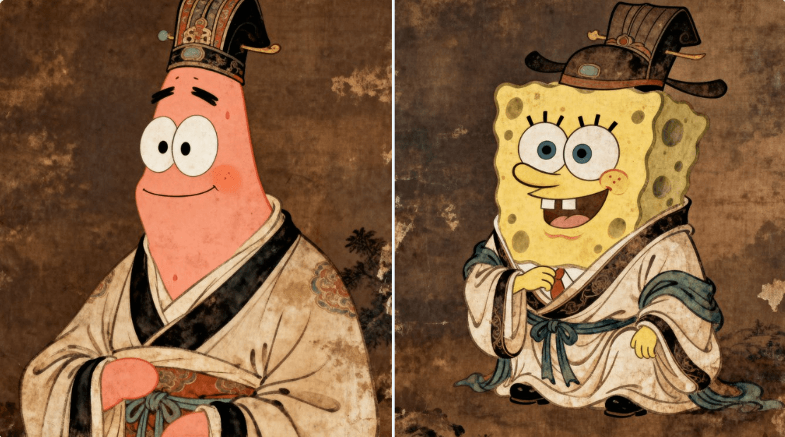 Patrick Étoile de Mer et Bob l'Éponge vêtus de costumes anciens