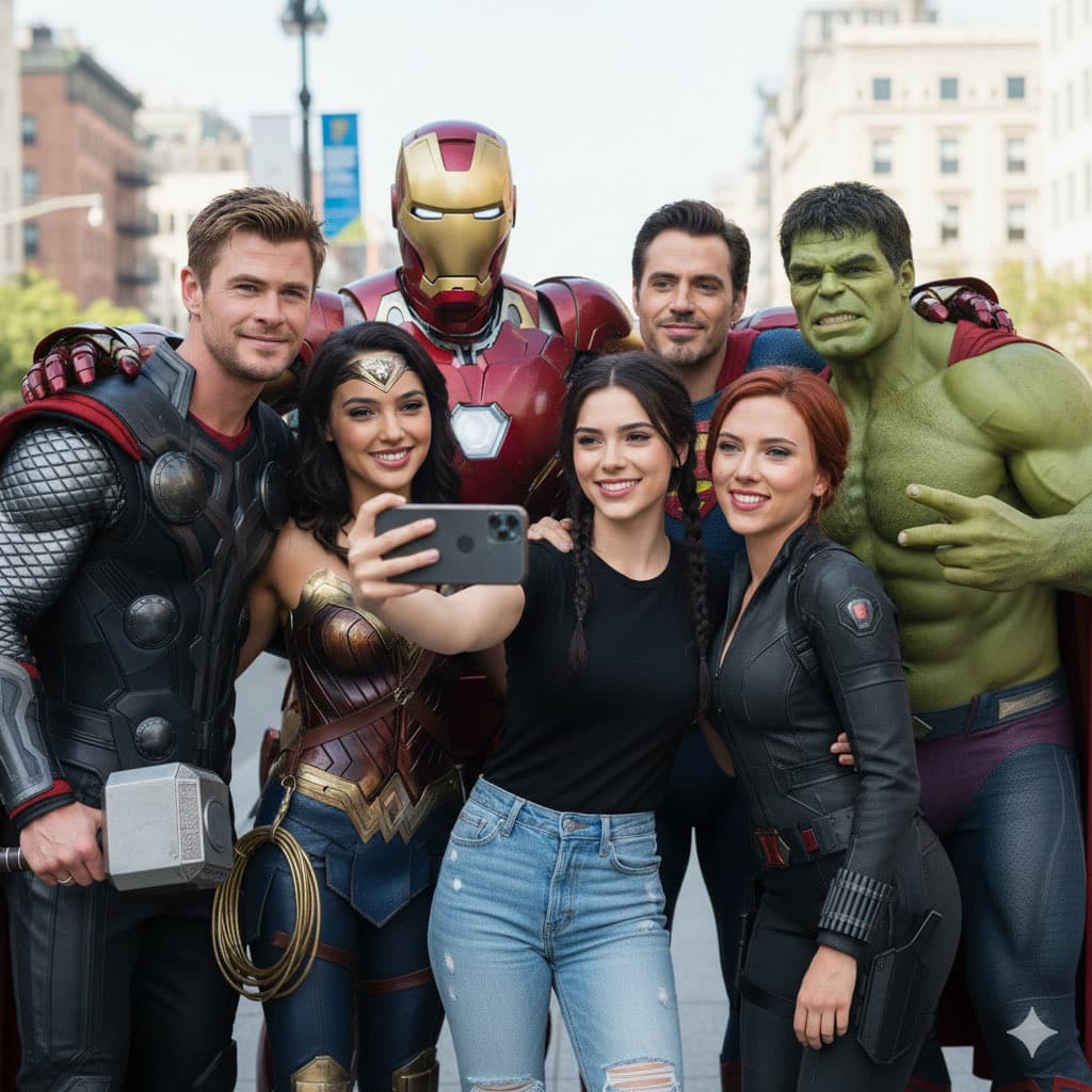 Un selfie di gruppo con i personaggi Marvel