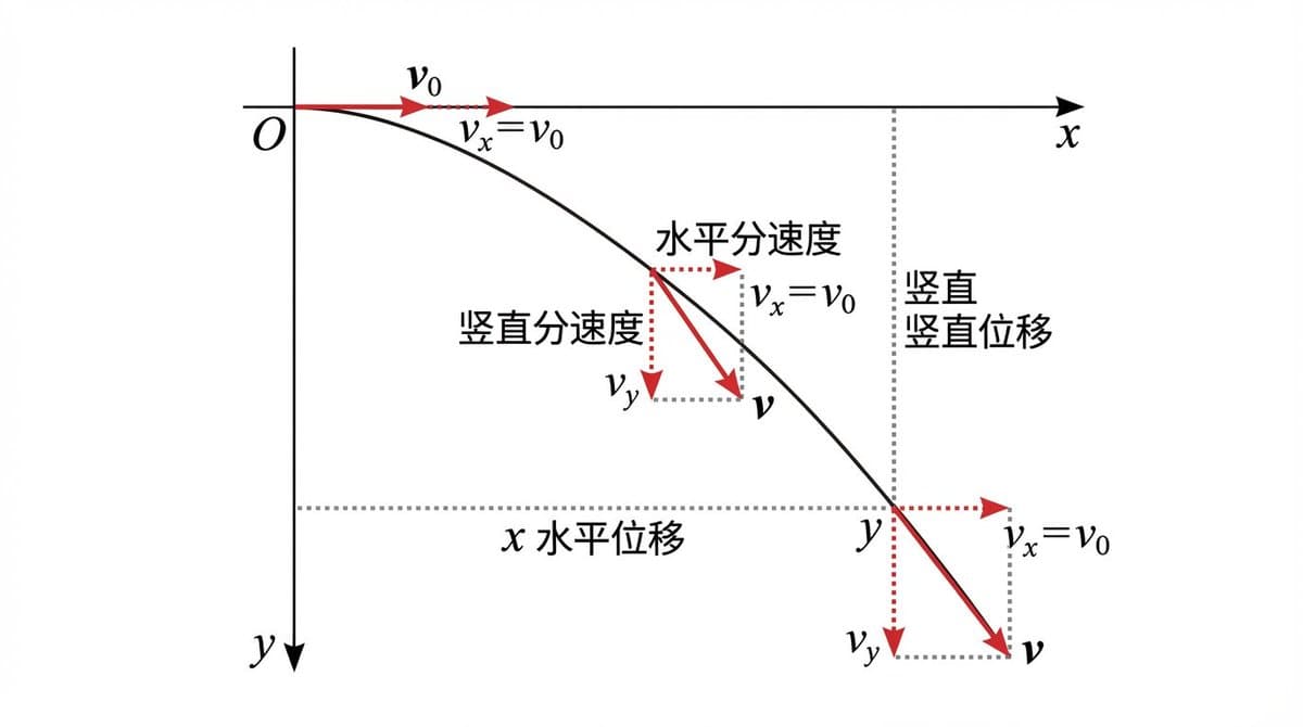 Traiettoria del moto parabolico e diagramma di scomposizione velocità-spostamento
