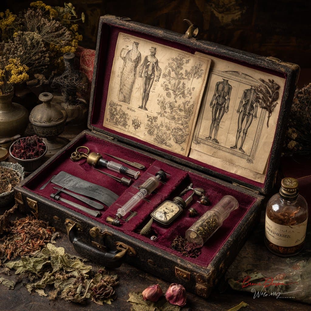 A Victorian-era surgeon's medical kit laid open