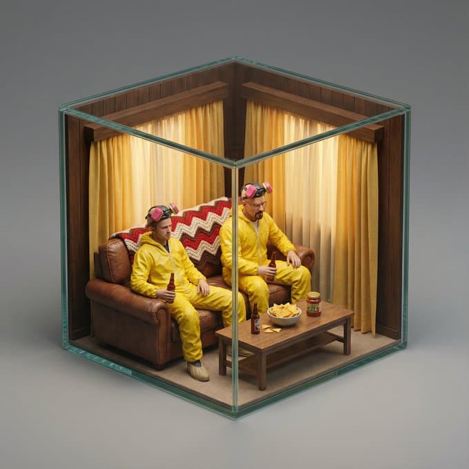 Movie scenes transformed into miniature isometric dioramas.